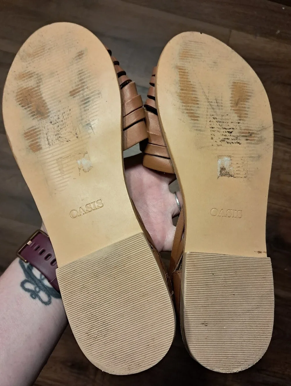 Oasis Women's Tan Woven Leather Huarache Flat Slip On Sandals